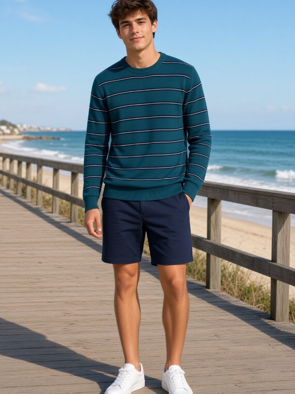 Michael Kors Men Atlantic Green Striped Extrafine Merino Crew Sweatshirt US L